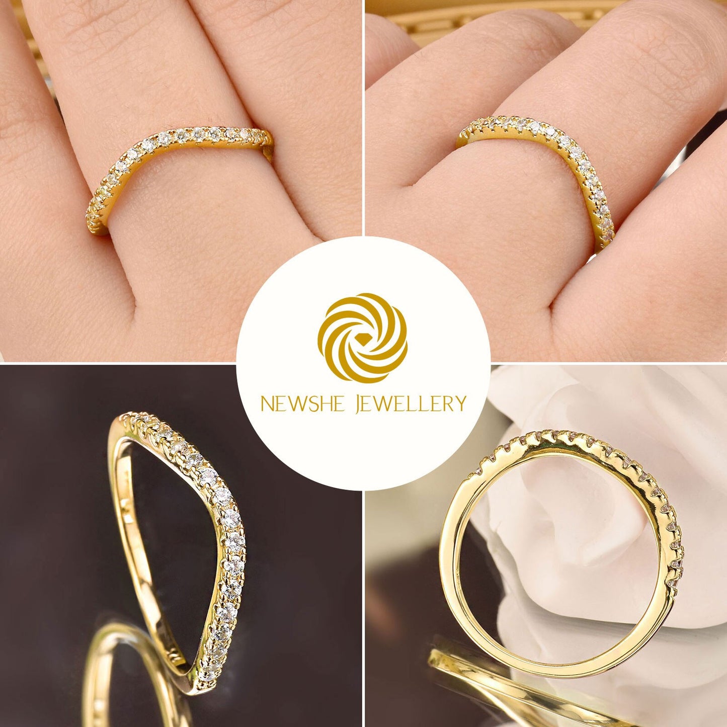 Newshe Rose Yellow Gold Curved Wedding Bands For Women Stacking Solid 925 Sterling Silver Eternity Rings Cz Wishbone Size 3-13