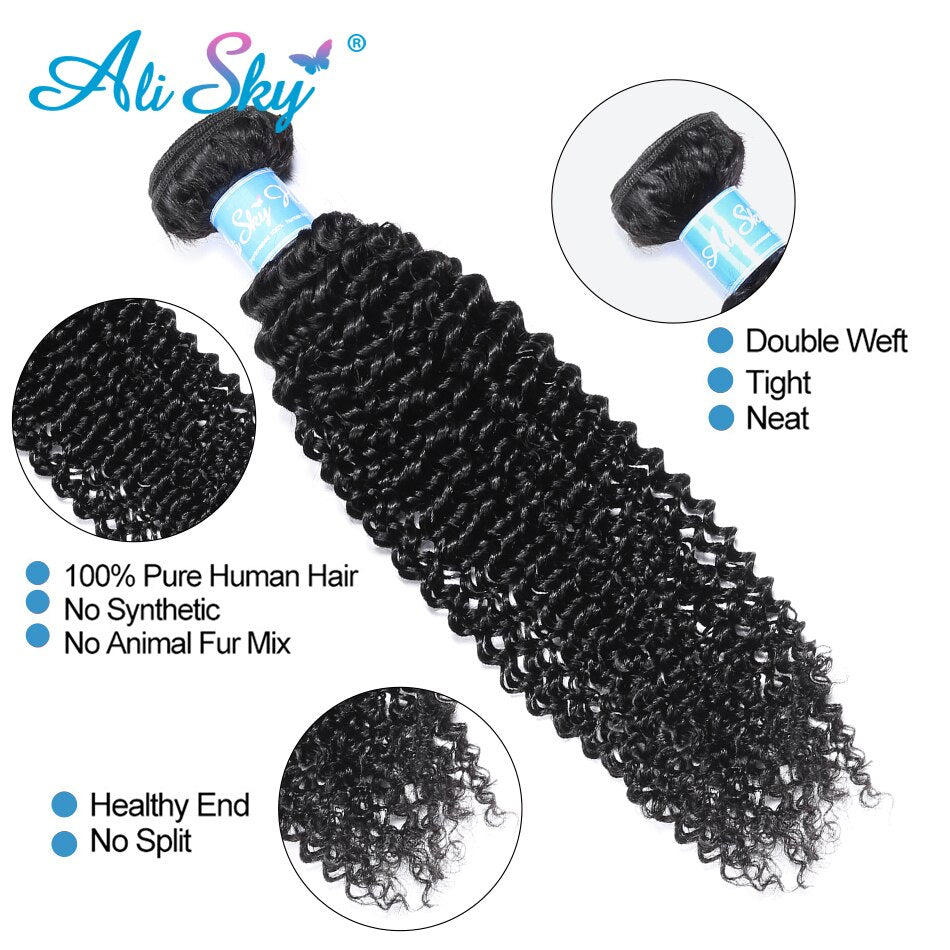 Ali sky Hair Malaysian Afro Kinky Curly Hair 4 bundles with 5x5 HD Lace Closure Free/Middle/Three Part Remy Human Hair Extension