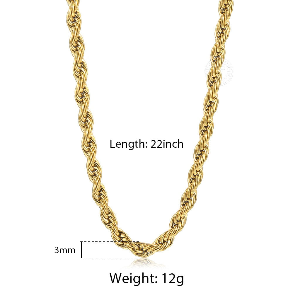 3/5/7mm Twisted Rope Chain Necklace Stainless Steel Choker Men Women Jewelry Gold Silver Color Chains Gift 22inch KNM178US