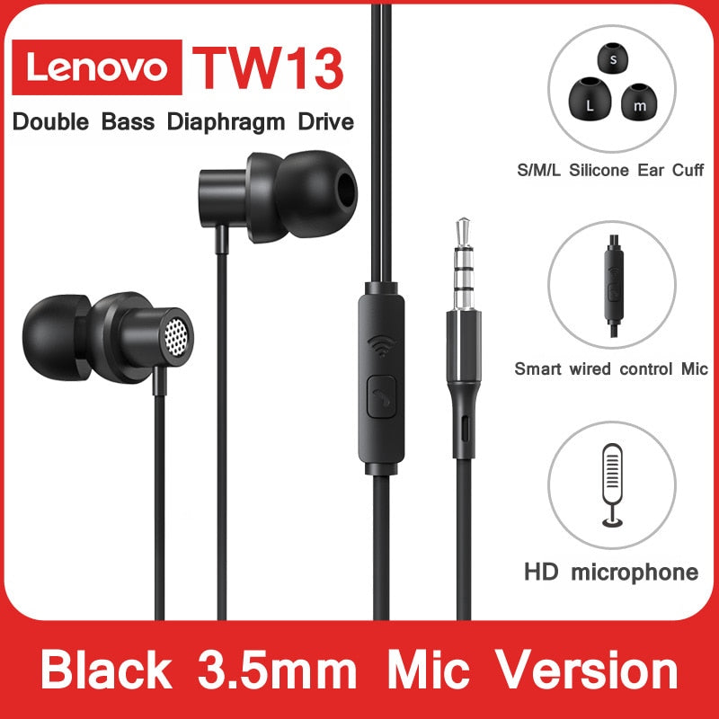 Lenovo TW13 Extra Bass Headphone wired Earphone 3.5mm Earphone With Microphone Sport InEar Headset auriculare for Samsung Xiaomi