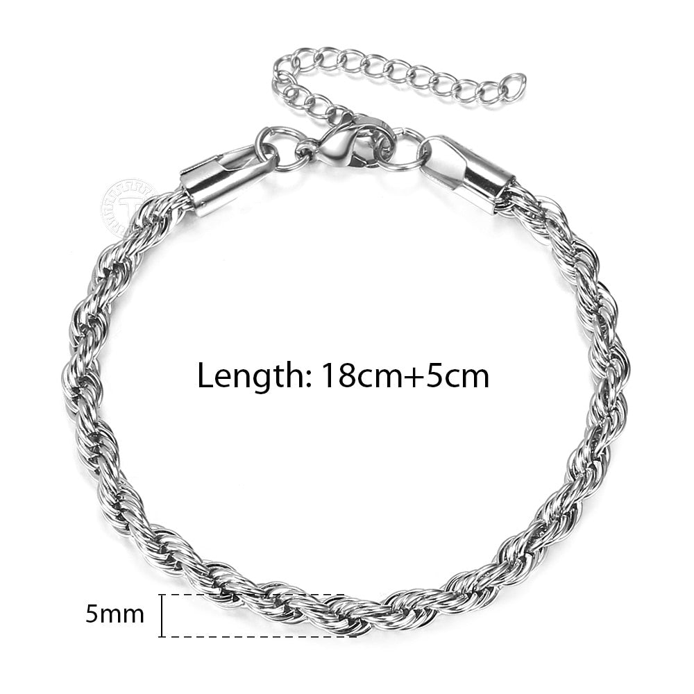 Vintage Mens Womens Stainless Steel Rope Bracelets 2/3/4/5mm Twisted Cable Chain Wrist Jewelry Length Adjustable KBB13C