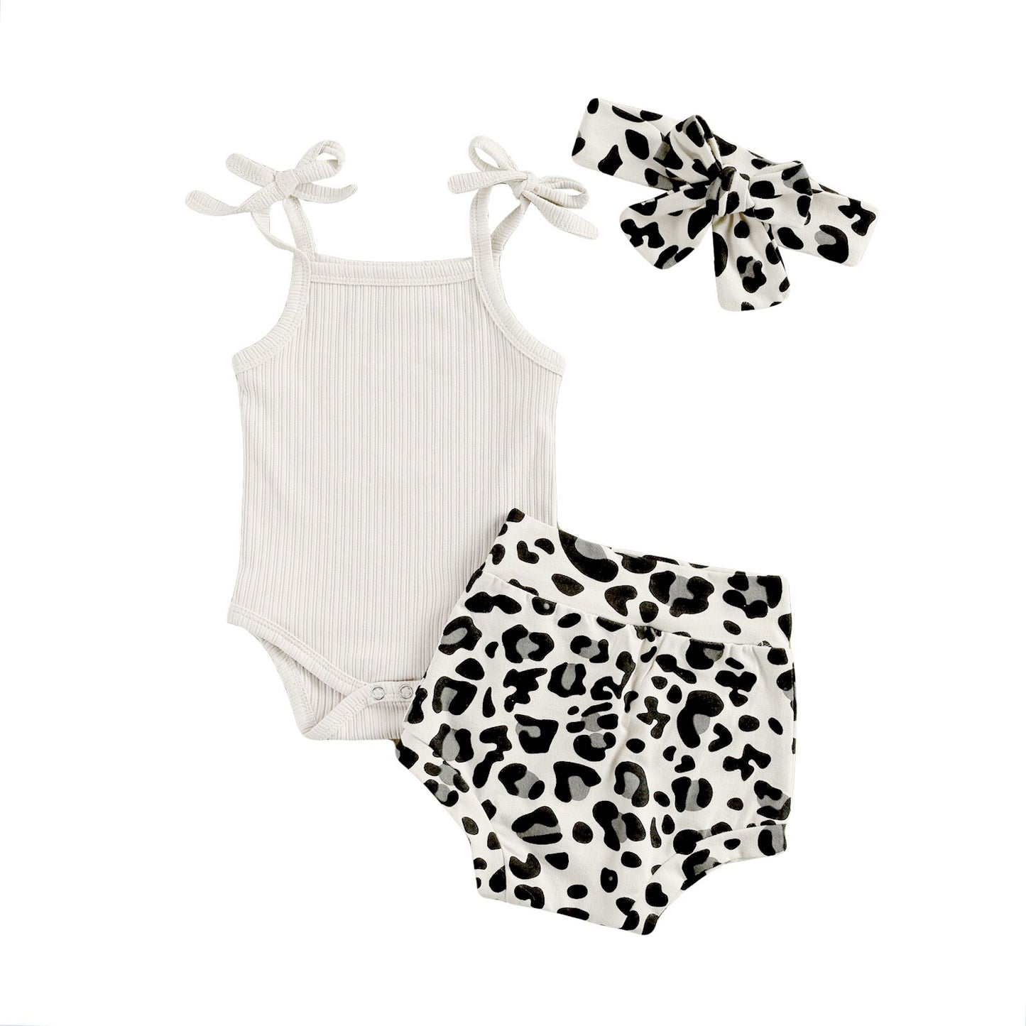 lioraitiin 0-18M Infant Newborn Girls 3 Pcs Outfits Suits Sling Tank Kinitting Tops Romper Tops Leopard Shorts Headband Sets