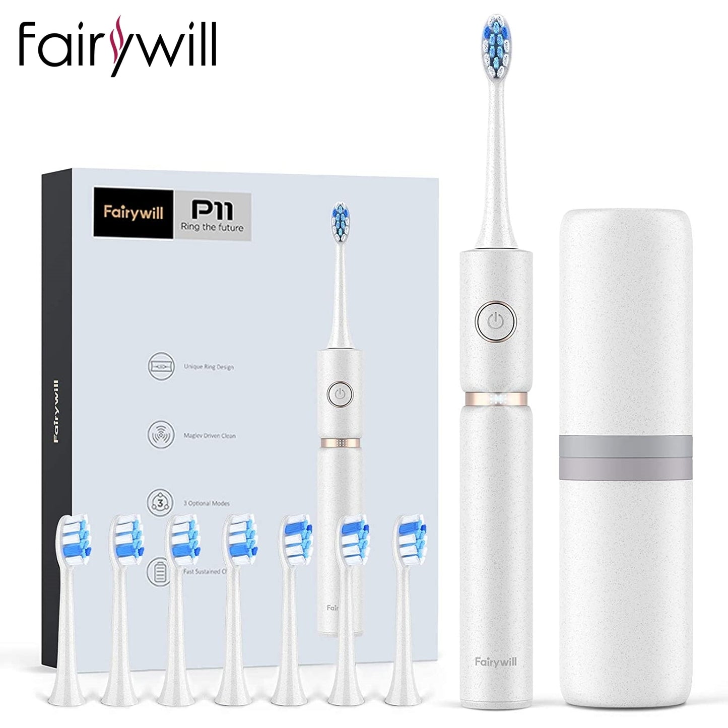 Fairywill P11 Sonic Whitening Electric Toothbrush Rechargeable USB Charger Ultra Powerful Waterproof 4 Heads and 1 Travel Case