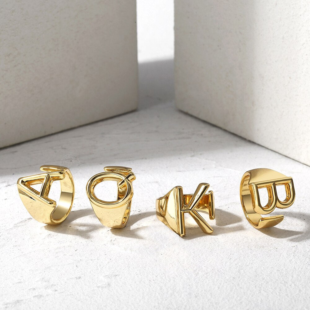 Gold Color 26 Letters Opening Ring Hollow Initials Name Adjustable Finger Rings For Women Trendy Jewelry Gift Dropshipping GR68A