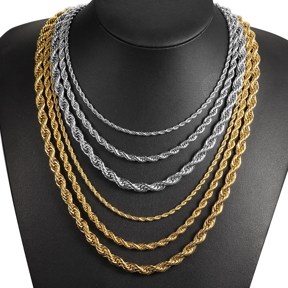 New Fashion Twisted Rope Link Chain Gold Color Stainless Steel Necklace for Men Unisex Chain Jewelry Gifts 22inch 3-7mm KNM178A