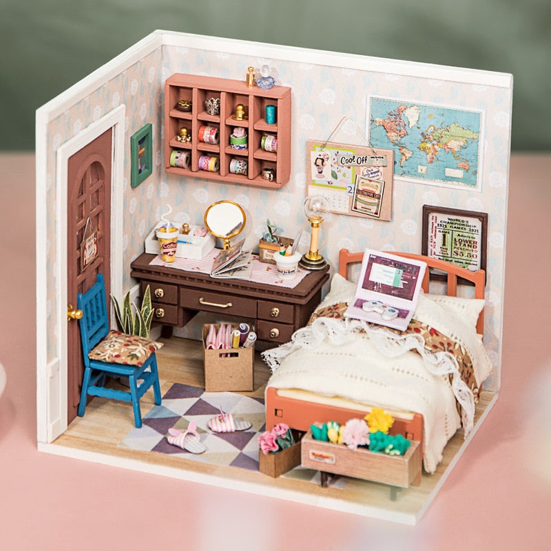 Robotime DIY Studio Bedroom Dining Room House with Furniture Children Adult Doll House Miniature Dollhouse Wooden Kits Toy DGM