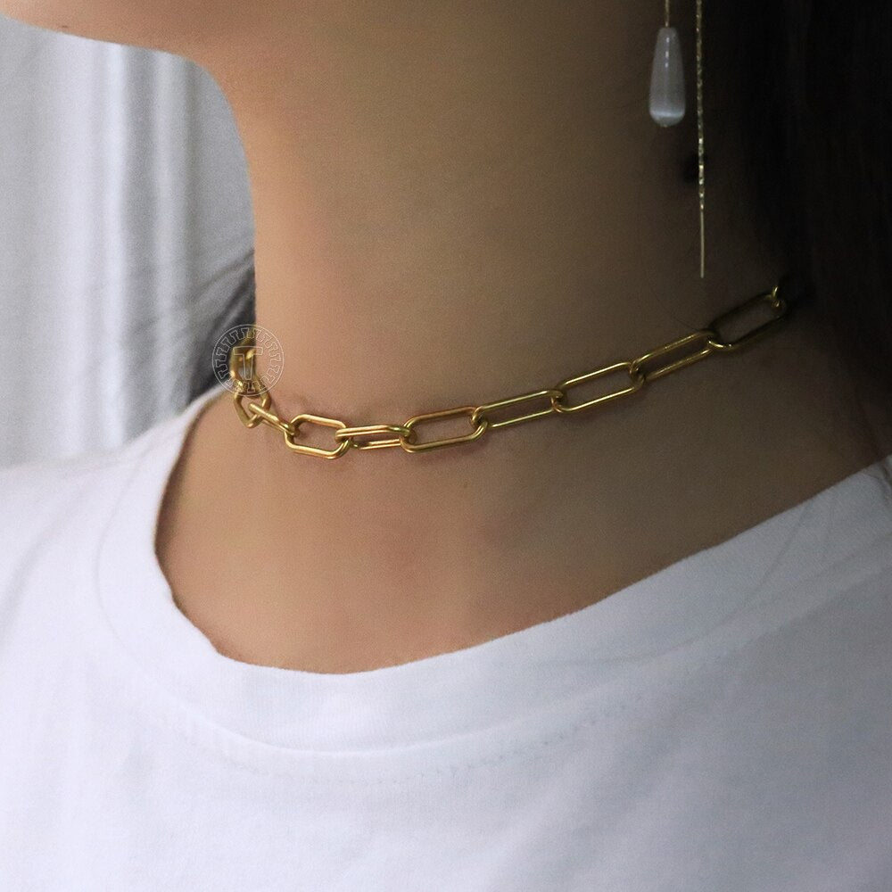 4MM/7MM Paperclip Chain Necklace For Women Gold Color Stainless Steel Cable Link Retro Choker 2021 New Hot Dropshiping Jewelry