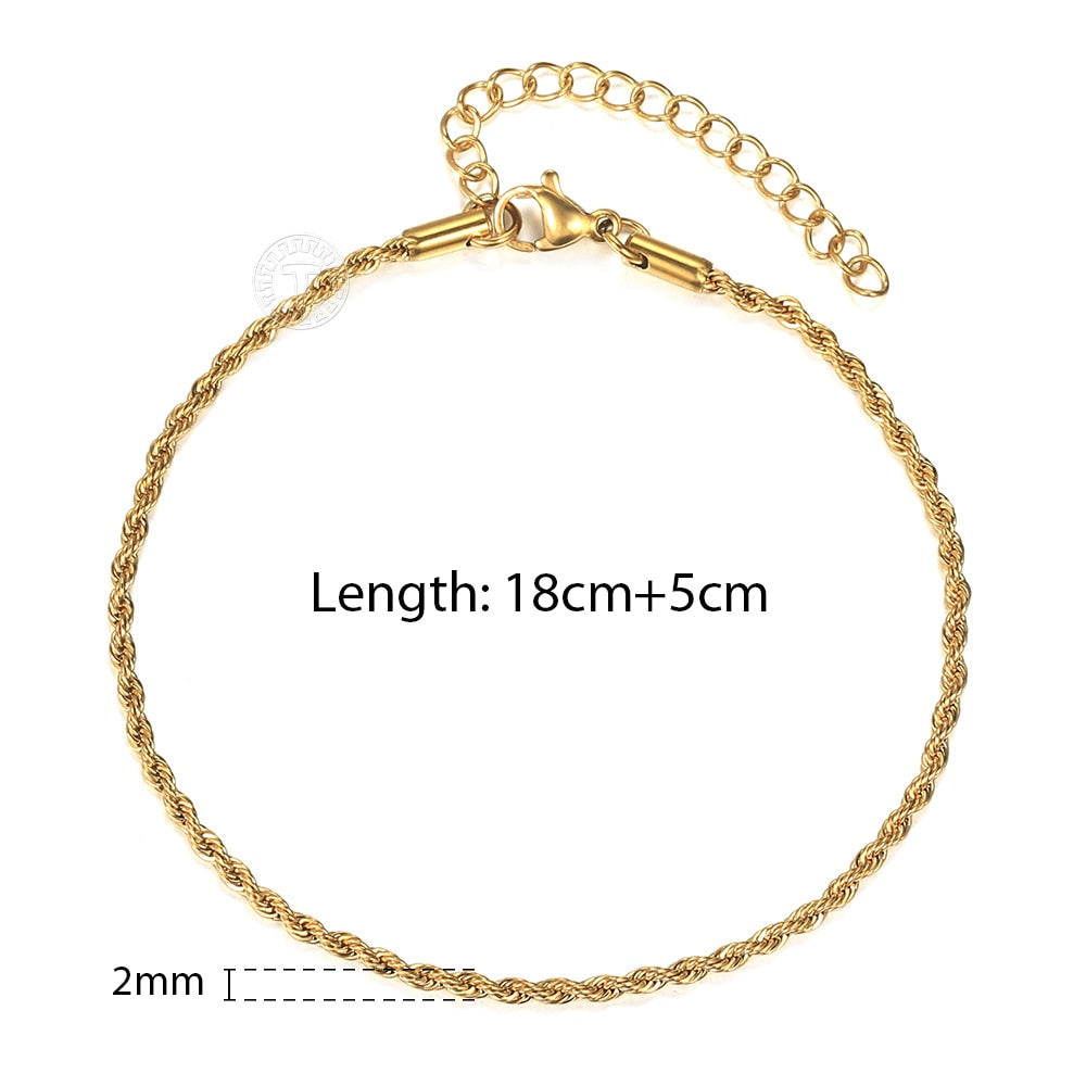 Vintage Mens Womens Stainless Steel Rope Bracelets 2/3/4/5mm Twisted Cable Chain Wrist Jewelry Length Adjustable KBB13C