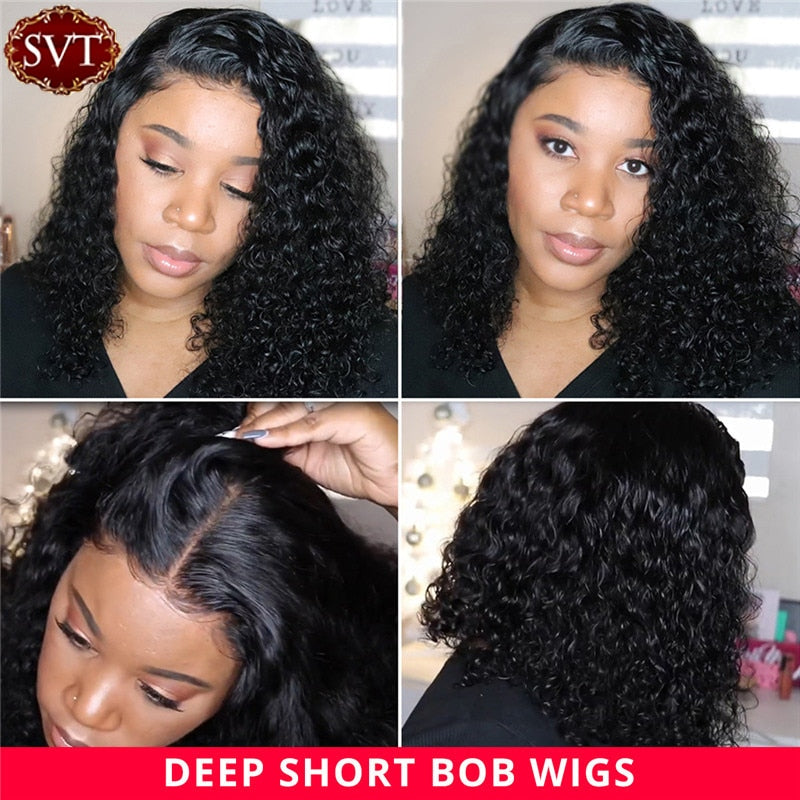 SVT Indian Deep Wave Bob Lace Frontal Wigs Remy Hair Short Bob Curly Lace Closure Human Hair Wigs Cheap Preplucked Natural Black