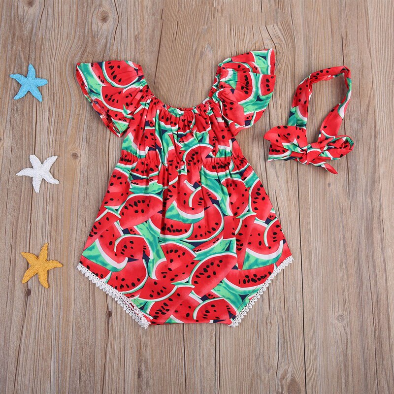 Pudcoco US Stock New Fashion Toddler Baby Girls Print Watermelon Clothes Outfits Off Shoulder Jumpsuit Romper+Headband Playsuit