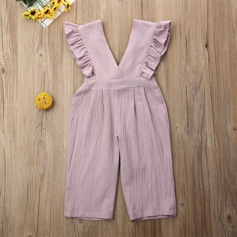 lioraitiin 1-6 Years Toddler Kid Baby Girls Frills Romper Solid Cotton Sleeveless V-Neck Jumpsuit Playsuit Outfit