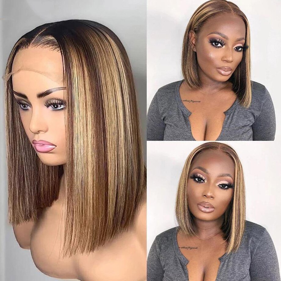 Highlight Wig Human Hair Short Bob Wigs Bone Straight Remy Colored Human Hair Wig Ombre Blonde 13x1 Lace Frontal Wigs For Women