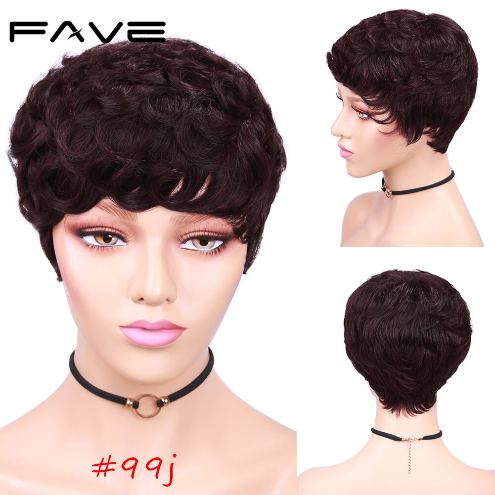 FAVE Short Pixie Cut Human Hair Curly Wigs For Women Natural Black Remy Hair Natural Look High Density Glueless Cheap Human Wigs