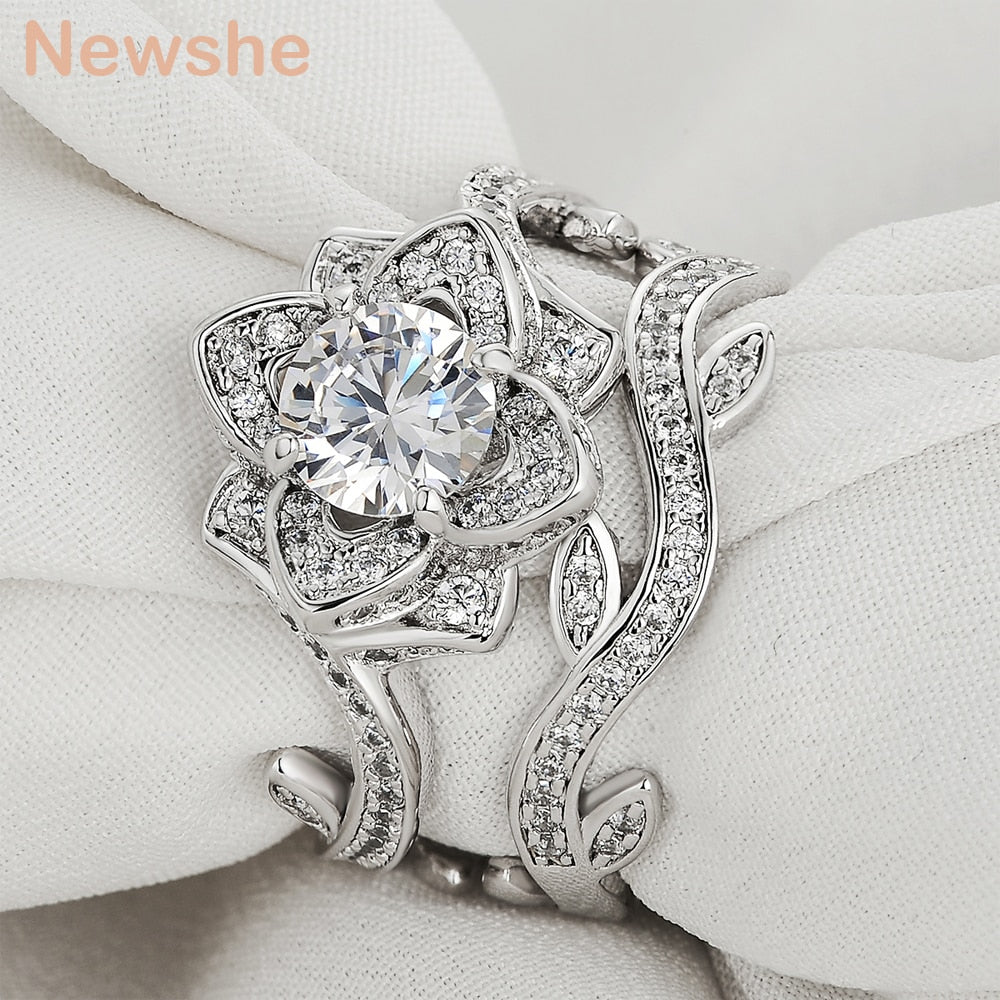 Newshe 2.3 Carats 925 Sterling Silver Wedding Ring Set Flower Shape Engagement Band Classic Jewelry For Women JR4580