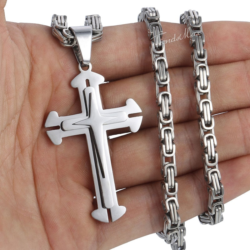 Men's Cross Necklace Gold Color Black Cross Pendant Stainless Steel Byzantine Chain Necklace 2020 Hip Hop Male Jewelry KP180