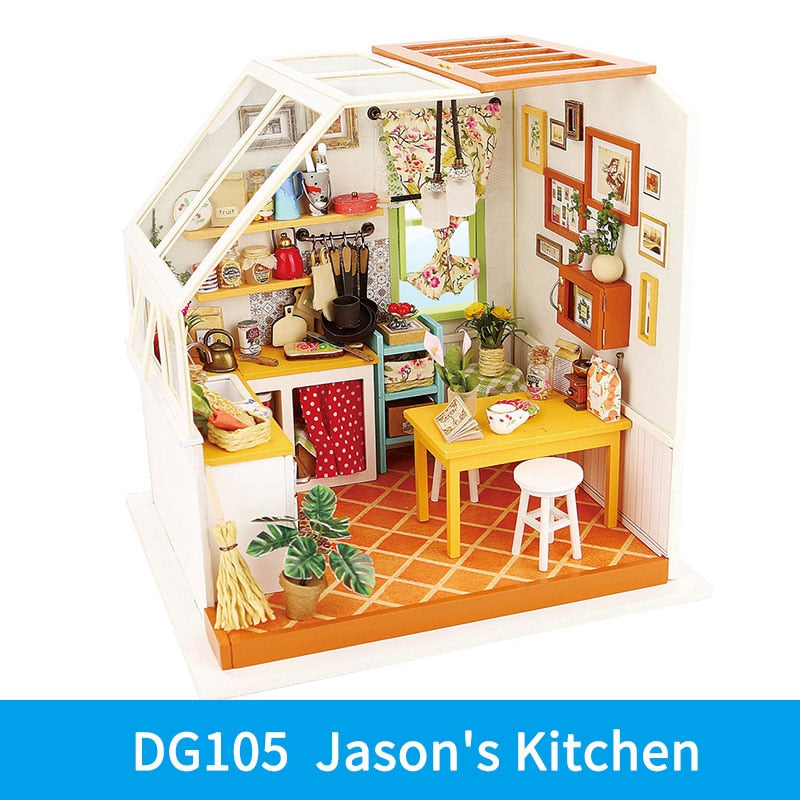 Robotime DIY Wooden Miniature Dollhouse Janson&#39;s Kitchen 1:24 Handmade Doll House Model Building Kits Toys For Children Adult