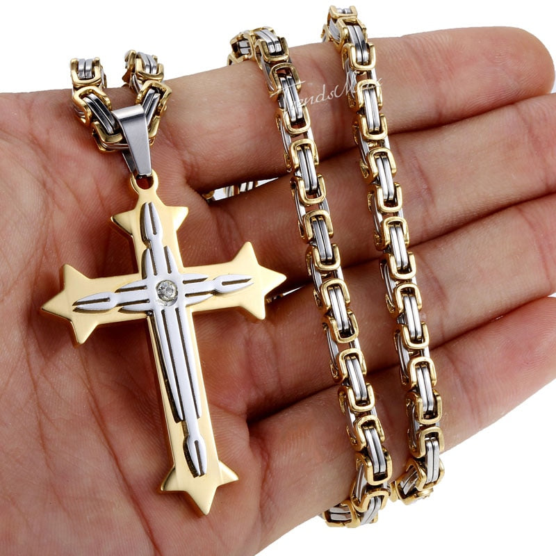 Men's Cross Necklace Gold Color Black Cross Pendant Stainless Steel Byzantine Chain Necklace 2020 Hip Hop Male Jewelry KP180