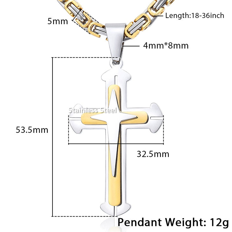 Men's Cross Necklace Gold Color Black Cross Pendant Stainless Steel Byzantine Chain Necklace 2020 Hip Hop Male Jewelry KP180