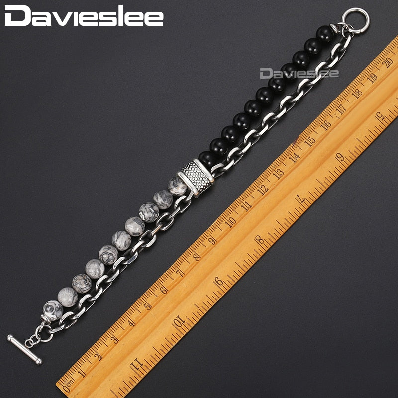 Davieslee Men's Black Beaded Bracelet 2018 Gunmetal Cut Cable Link Chain Stainless Steel Bracelets Male Jewelry Wholesale DDB33