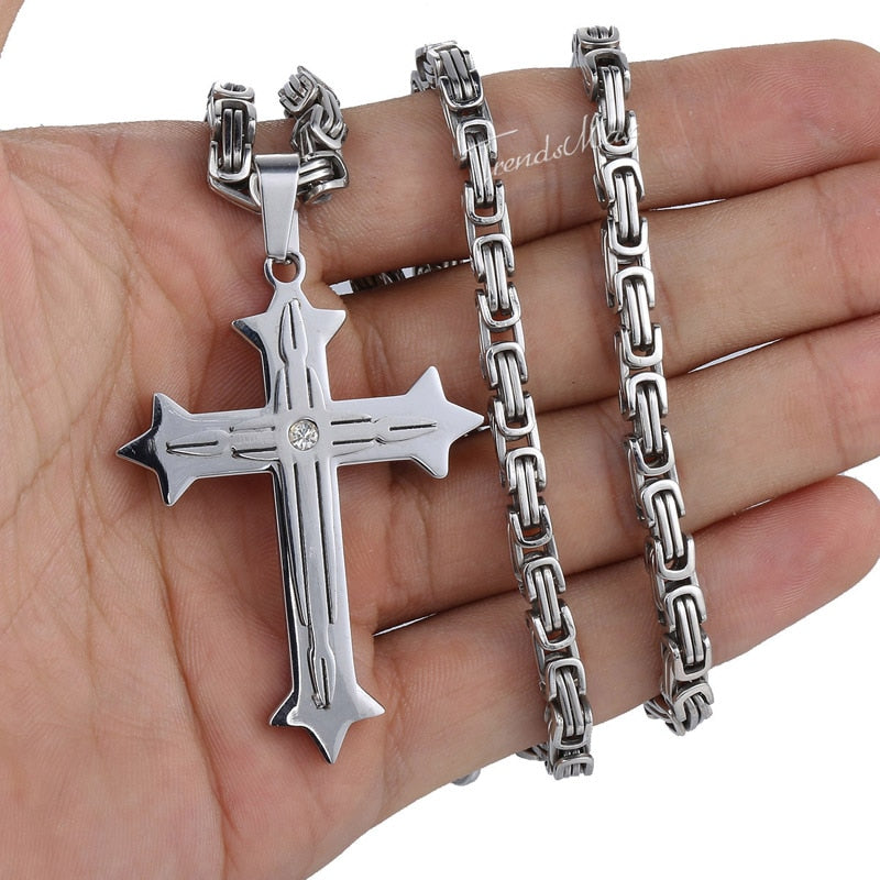 Men's Cross Necklace Gold Color Black Cross Pendant Stainless Steel Byzantine Chain Necklace 2020 Hip Hop Male Jewelry KP180