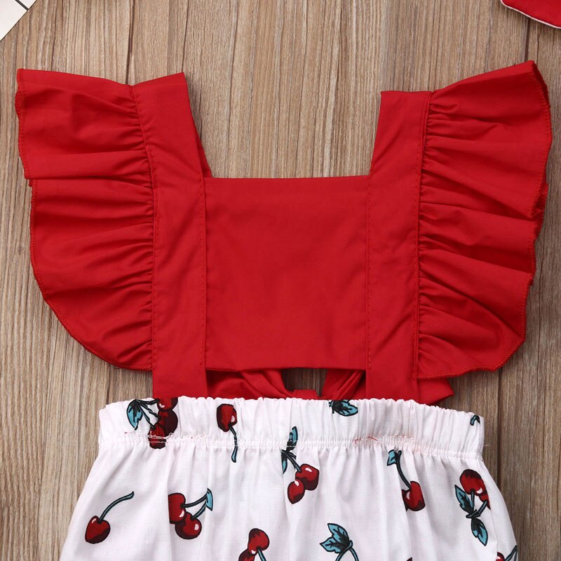 Pudcoco US Stock 2Pcs Newborn Kids Baby Girl Ruffle Romper Print Cherry Big Bow Headband 2PCS Outfits Summer Set 0-18M