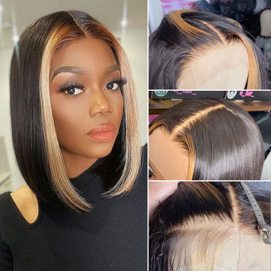 Ombre Blonde Lace Front Wig Human Hair Highlight Straight Short Bob Wigs For Women Brazilian Natural Hair 100% T Part Bob Wig