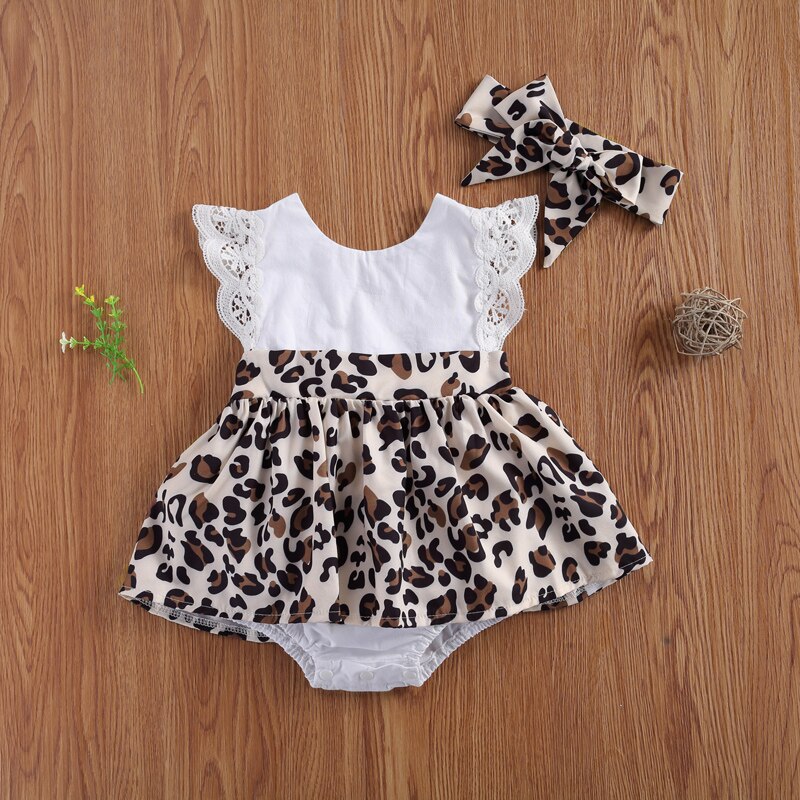 lioraitiin 0-2Years Newborn Baby Girl 2PcsSummer Outfits Splicing Leopard Print V-Neck Backless Romper Skirt + Hairband