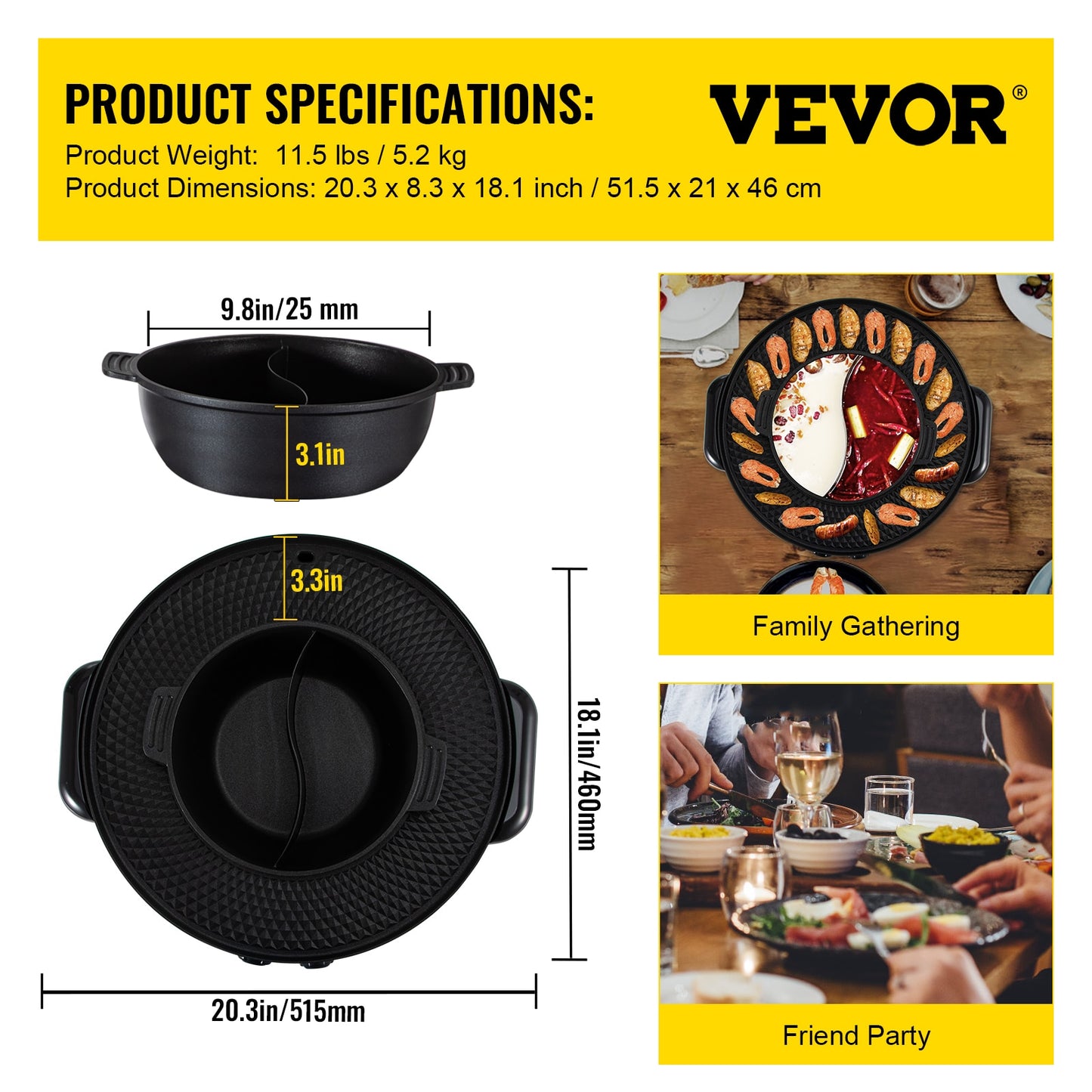 VEVOR 2 in 1 Electric Hot Pot BBQ Grill 2200W Multifunction Portable Home Non-Stick Split Pot Smokeless Skillet Barbecue Pan