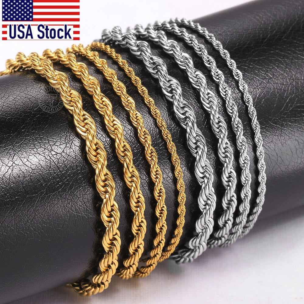 Vintage Mens Womens Stainless Steel Rope Bracelets 2/3/4/5mm Twisted Cable Chain Wrist Jewelry Length Adjustable KBB13C