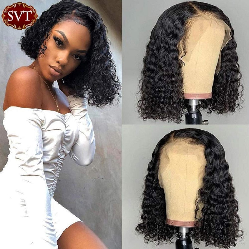 SVT Indian Deep Wave Bob Lace Frontal Wigs Remy Hair Short Bob Curly Lace Closure Human Hair Wigs Cheap Preplucked Natural Black