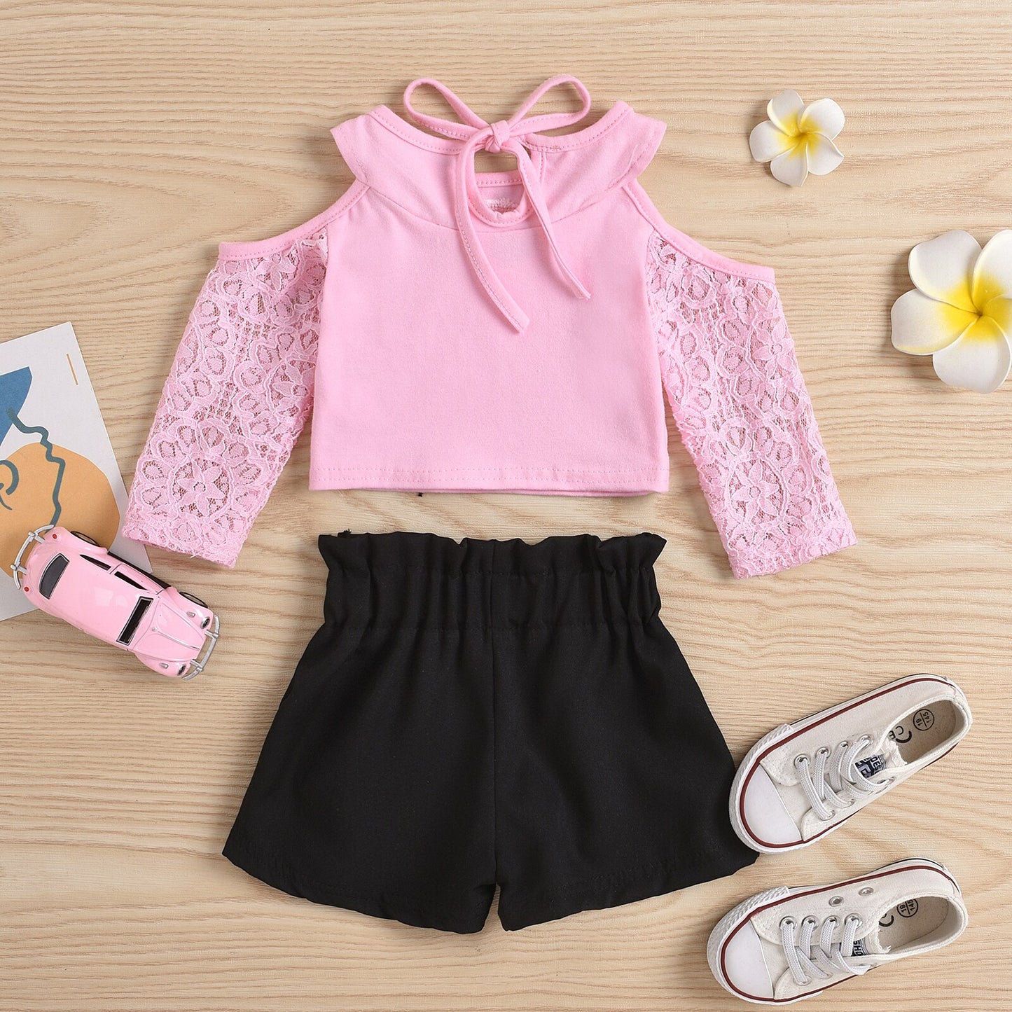 lioraitiin 0-18M Newborn Infant 2Pcs Toddler Girl Summer Outfits Lace Off-Shoulder Long Sleeves Blouse High-Waist Shorts