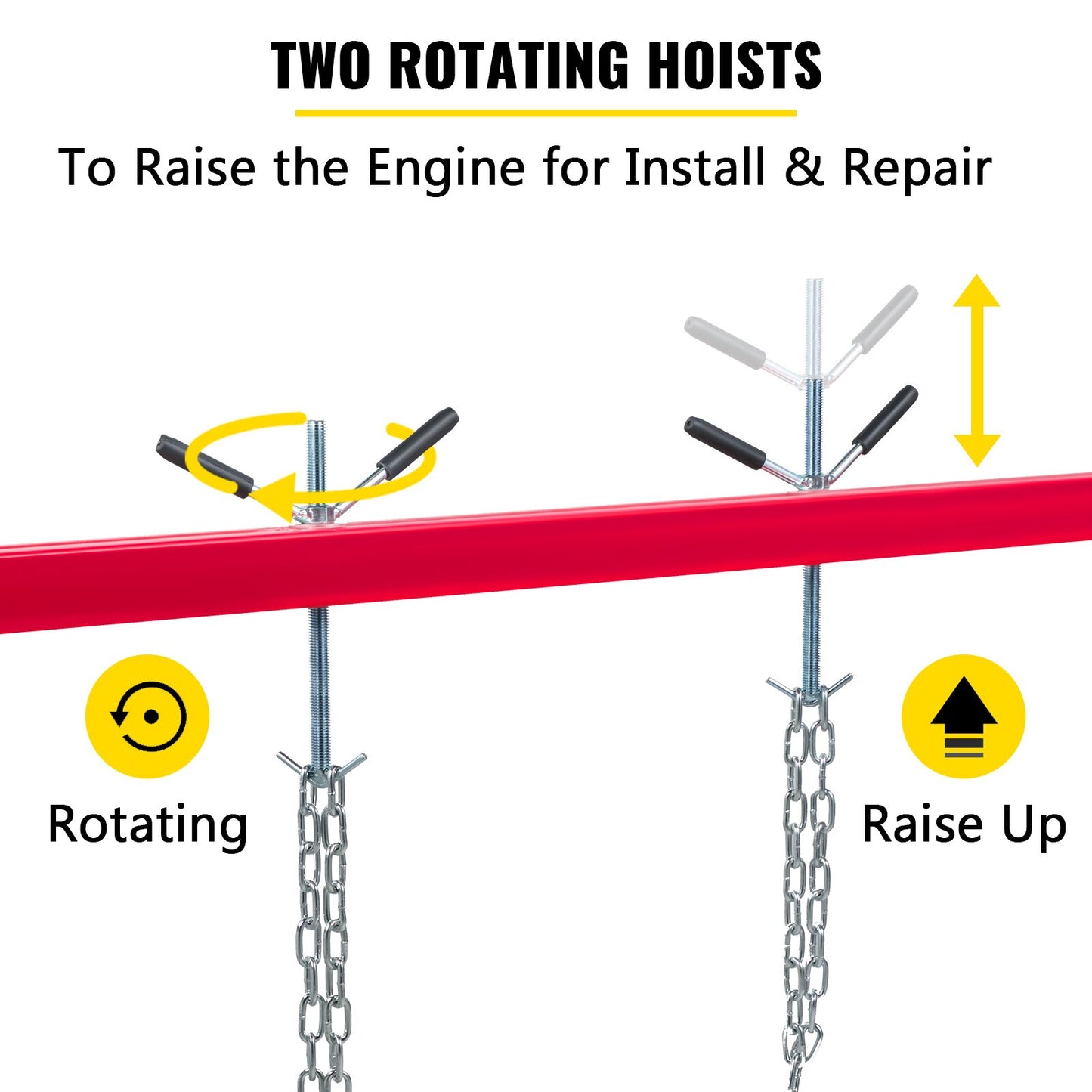 VEVOR Engine Support Crossbar 1100LBS / 500KG Load Capacity Adjustable Height with 2 Rotating Hoists 2 Heavy-Duty Steel Chains