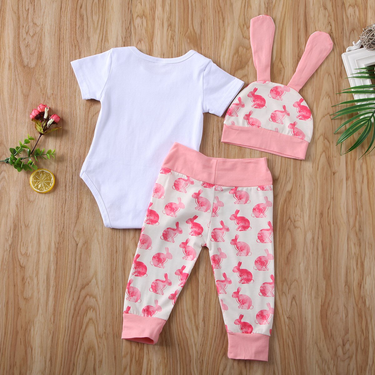 lioraitiin  0-18M Newborn Infant Baby Boy Girl Easter Clothing Set 3Pcs Short Sleeve Rabbit Printed Romper Top Long Pant Hat