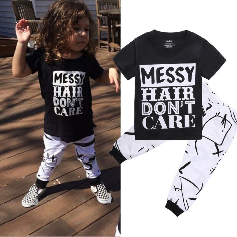 Pudcoco US Stock 2pcs children set!!Toddler Kids Baby Girls Black Letter T-shirt Tops+White Catton Long Pants Leggings Outfit