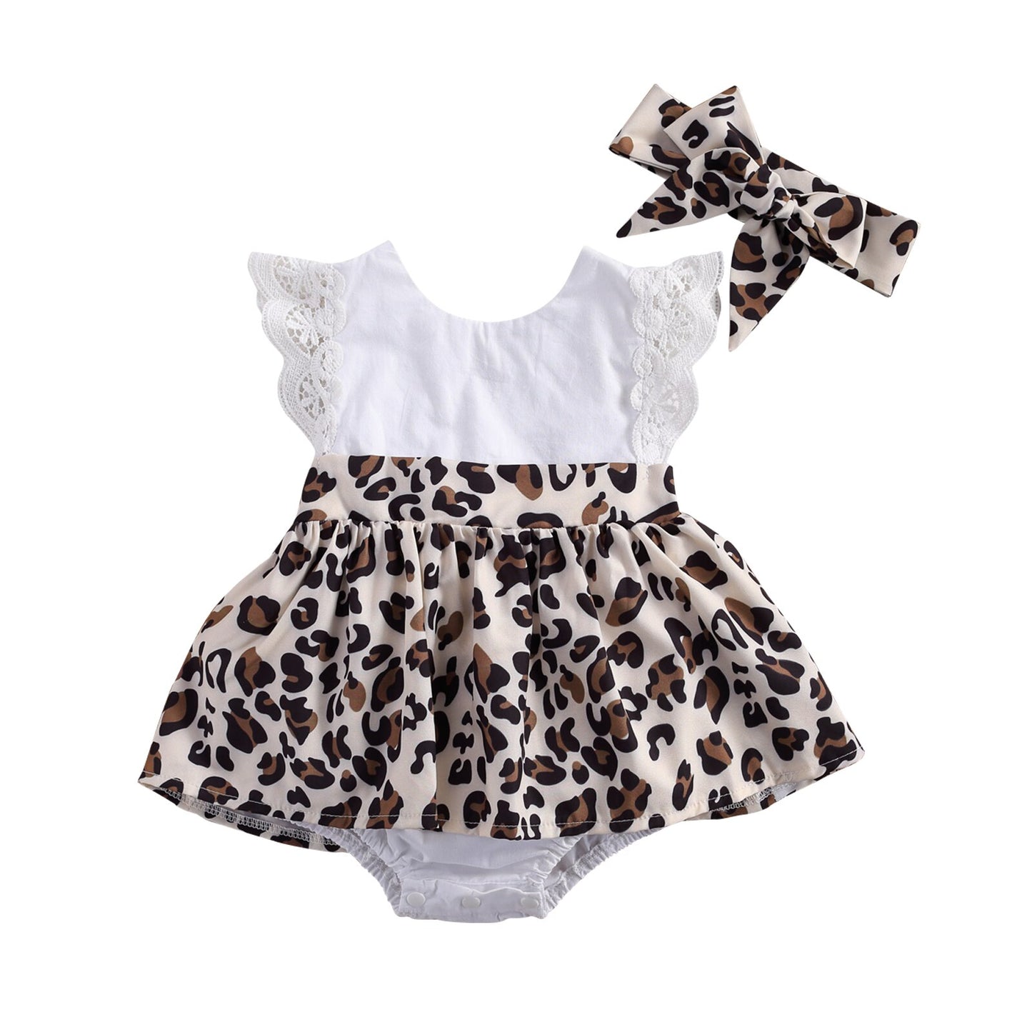 lioraitiin 0-2Years Newborn Baby Girl 2PcsSummer Outfits Splicing Leopard Print V-Neck Backless Romper Skirt + Hairband