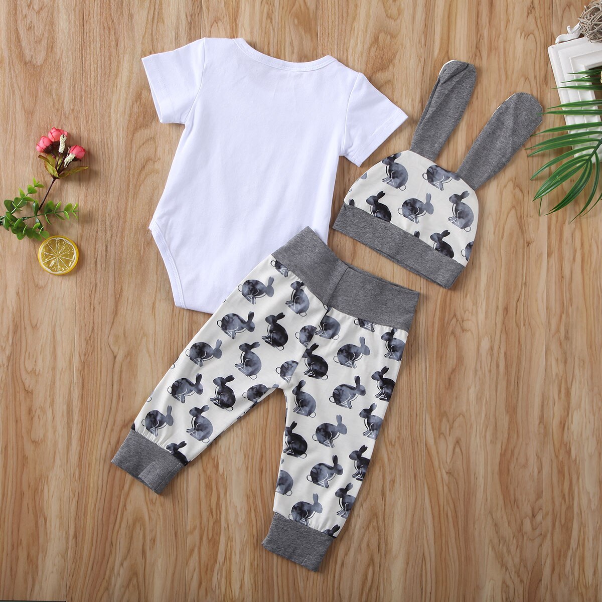 lioraitiin  0-18M Newborn Infant Baby Boy Girl Easter Clothing Set 3Pcs Short Sleeve Rabbit Printed Romper Top Long Pant Hat