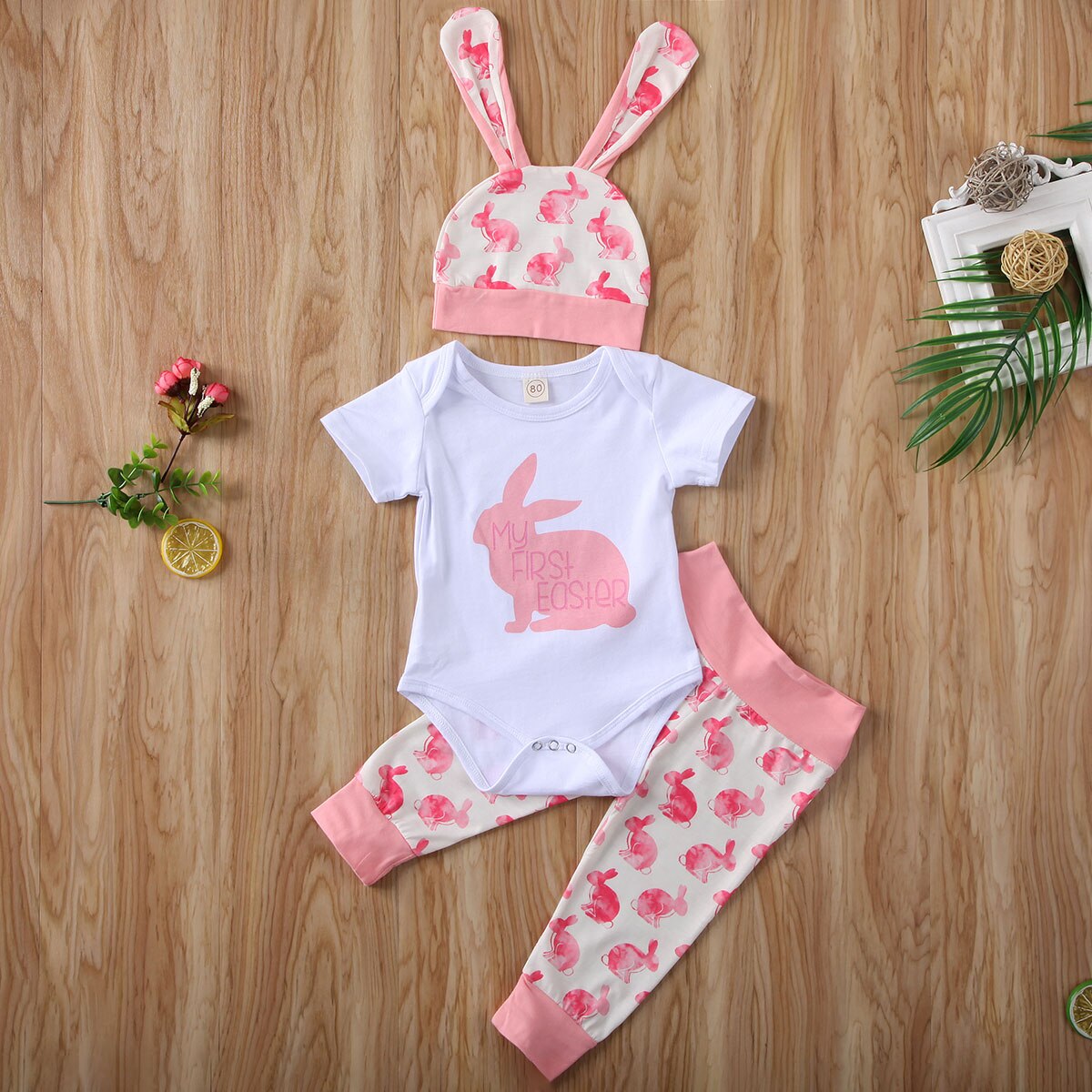 lioraitiin  0-18M Newborn Infant Baby Boy Girl Easter Clothing Set 3Pcs Short Sleeve Rabbit Printed Romper Top Long Pant Hat