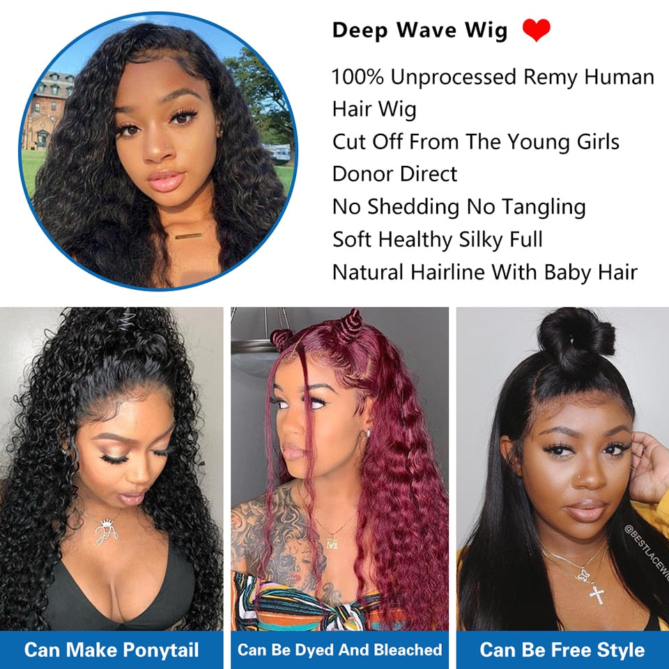 Deep Wave Frontal Wig 30 Inch 180% Density Lace Front Wig HD Transpant Human Hair Wigs For Black Women Brazilian Remy Hair Wigs