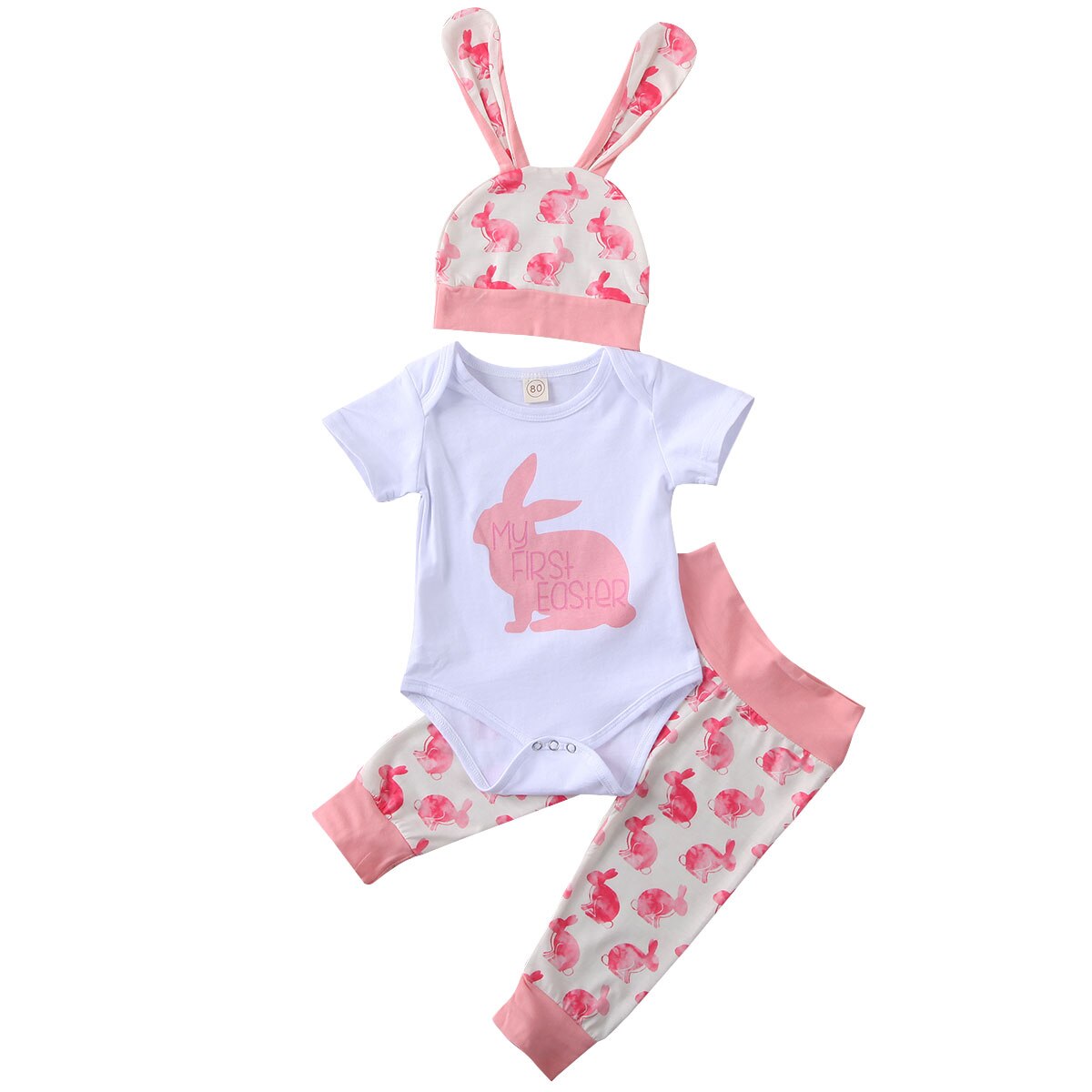 lioraitiin  0-18M Newborn Infant Baby Boy Girl Easter Clothing Set 3Pcs Short Sleeve Rabbit Printed Romper Top Long Pant Hat