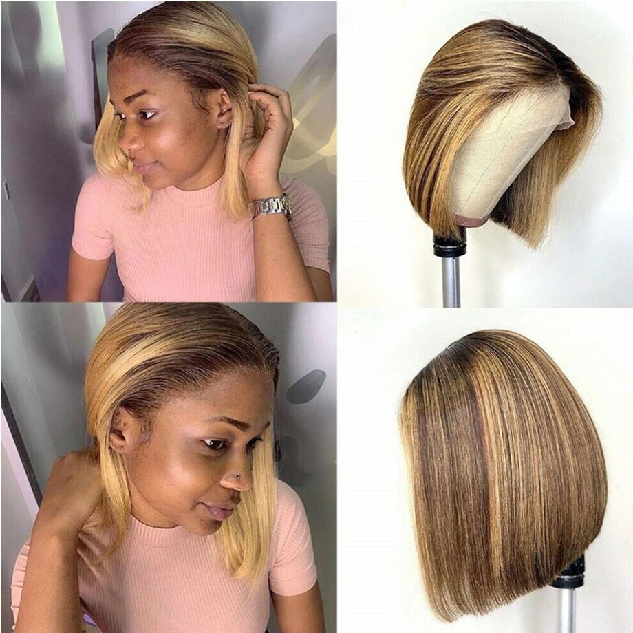 Highlight Wig Human Hair Short Bob Wigs Bone Straight Remy Colored Human Hair Wig Ombre Blonde 13x1 Lace Frontal Wigs For Women