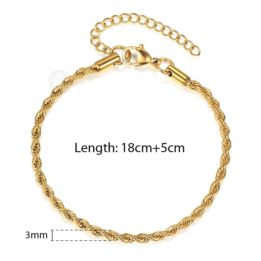 Vintage Mens Womens Stainless Steel Rope Bracelets 2/3/4/5mm Twisted Cable Chain Wrist Jewelry Length Adjustable KBB13C