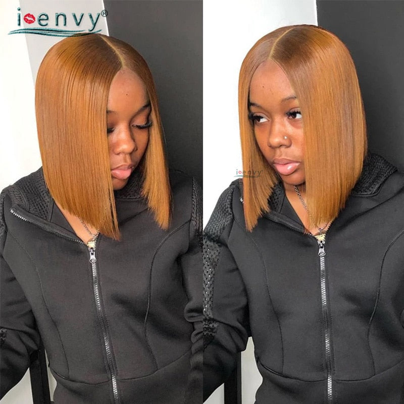 Ginger Short Bob Human Hair Wigs Blonde Lace Front Wig Peruvian Straight Orange Burgundy Red 13x1 Transparent Part Lace Bob Wig