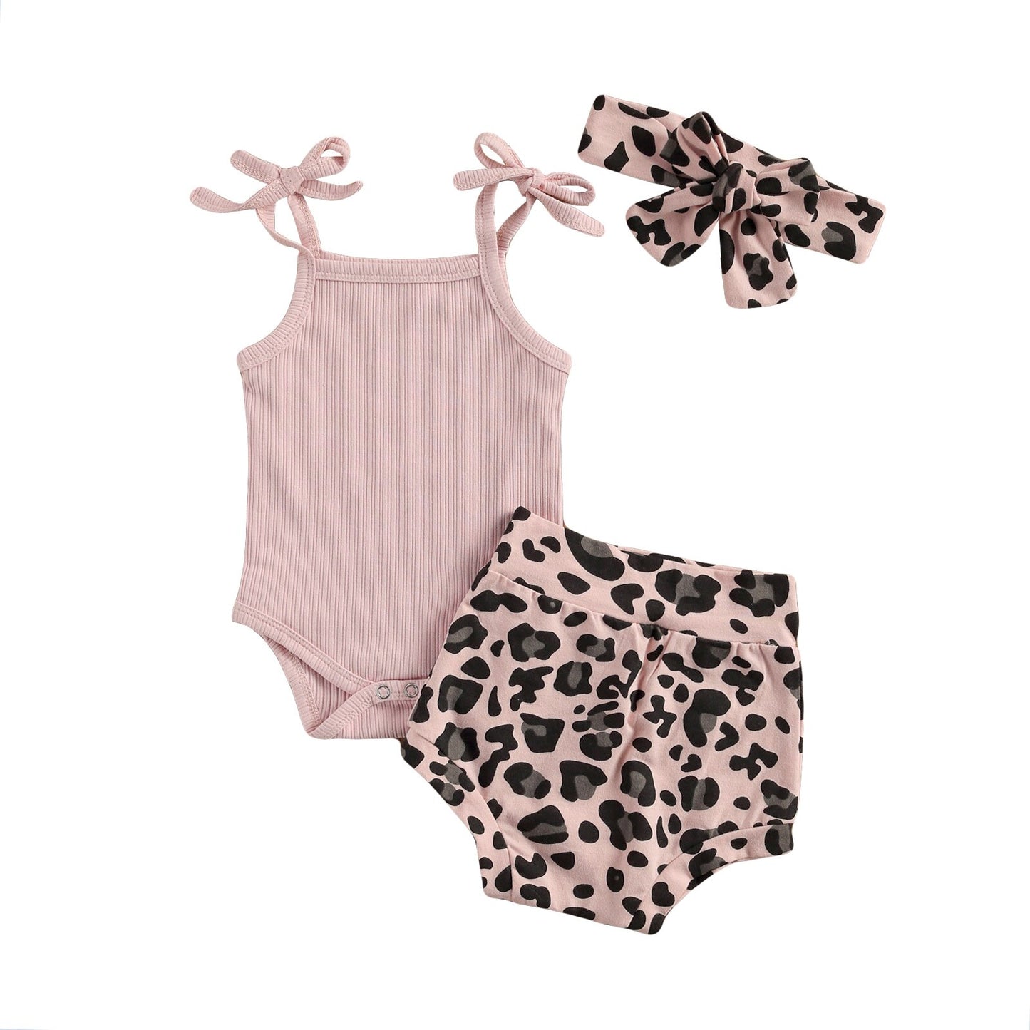 lioraitiin 0-18M Infant Newborn Girls 3 Pcs Outfits Suits Sling Tank Kinitting Tops Romper Tops Leopard Shorts Headband Sets