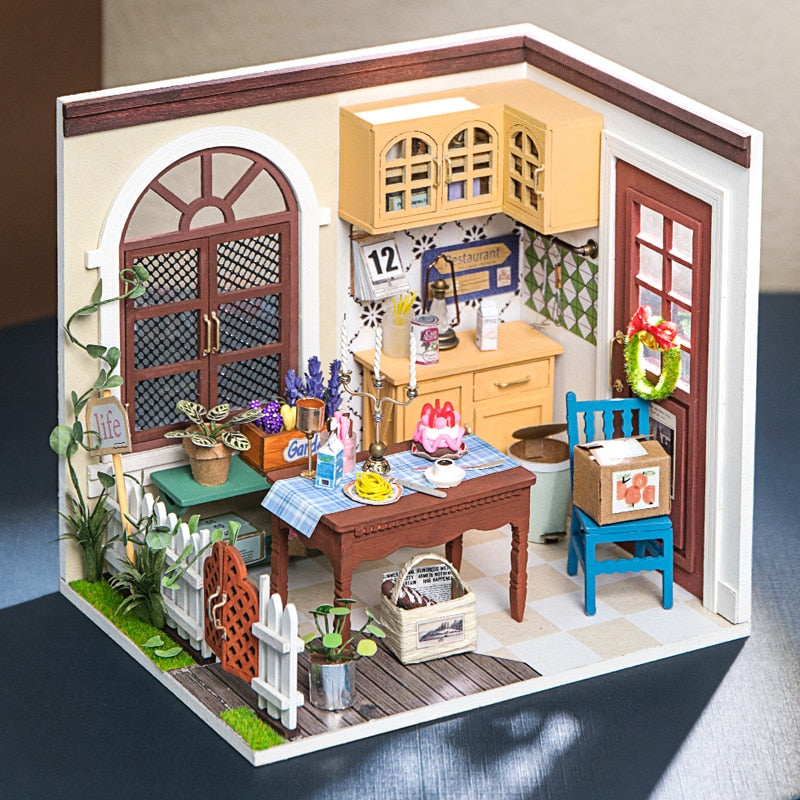 Robotime DIY Studio Bedroom Dining Room House with Furniture Children Adult Doll House Miniature Dollhouse Wooden Kits Toy DGM