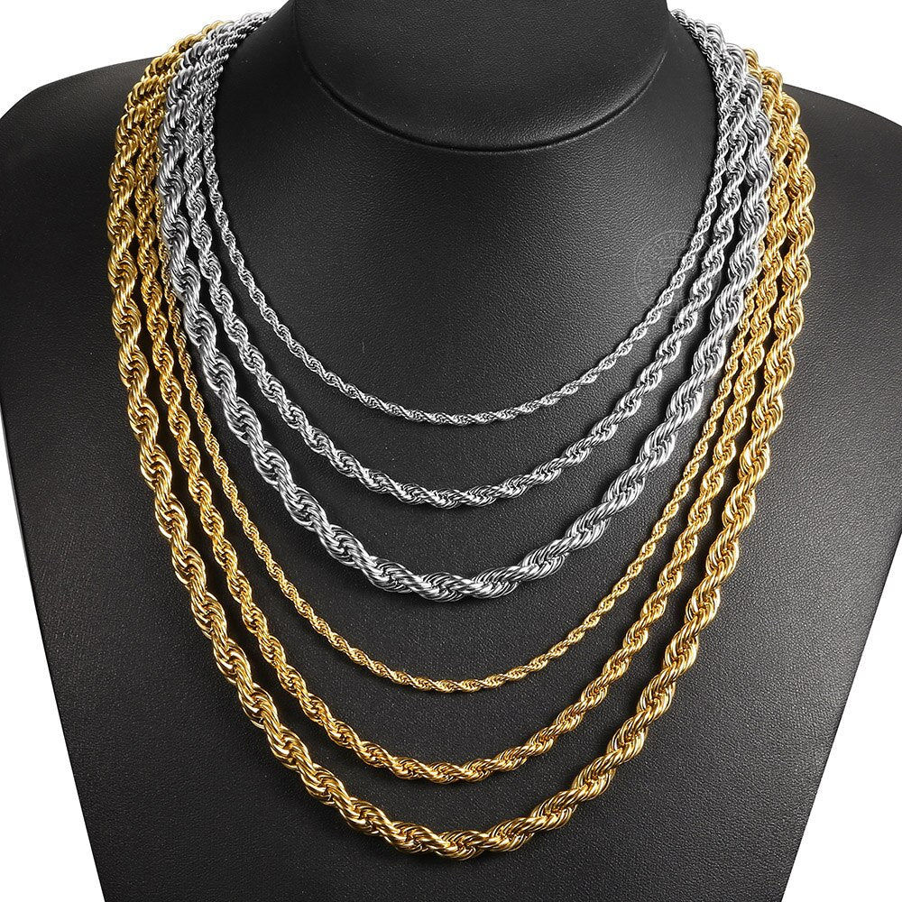 3/5/7mm Twisted Rope Chain Necklace Stainless Steel Choker Men Women Jewelry Gold Silver Color Chains Gift 22inch KNM178US