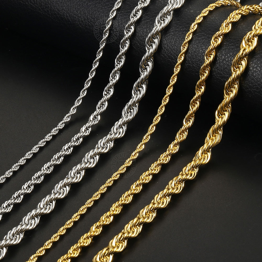 New Fashion Twisted Rope Link Chain Gold Color Stainless Steel Necklace for Men Unisex Chain Jewelry Gifts 22inch 3-7mm KNM178A