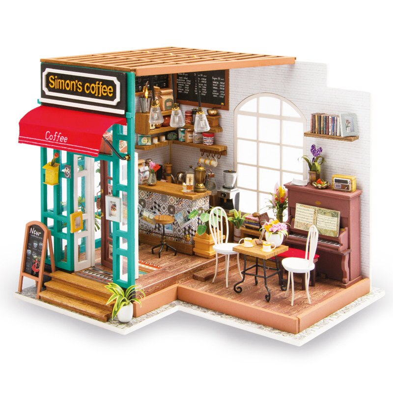 Robotime DIY House with Furniture Study Room Simons Coffee Children Adult Doll House Miniature Dollhouse Wooden Kits Toy