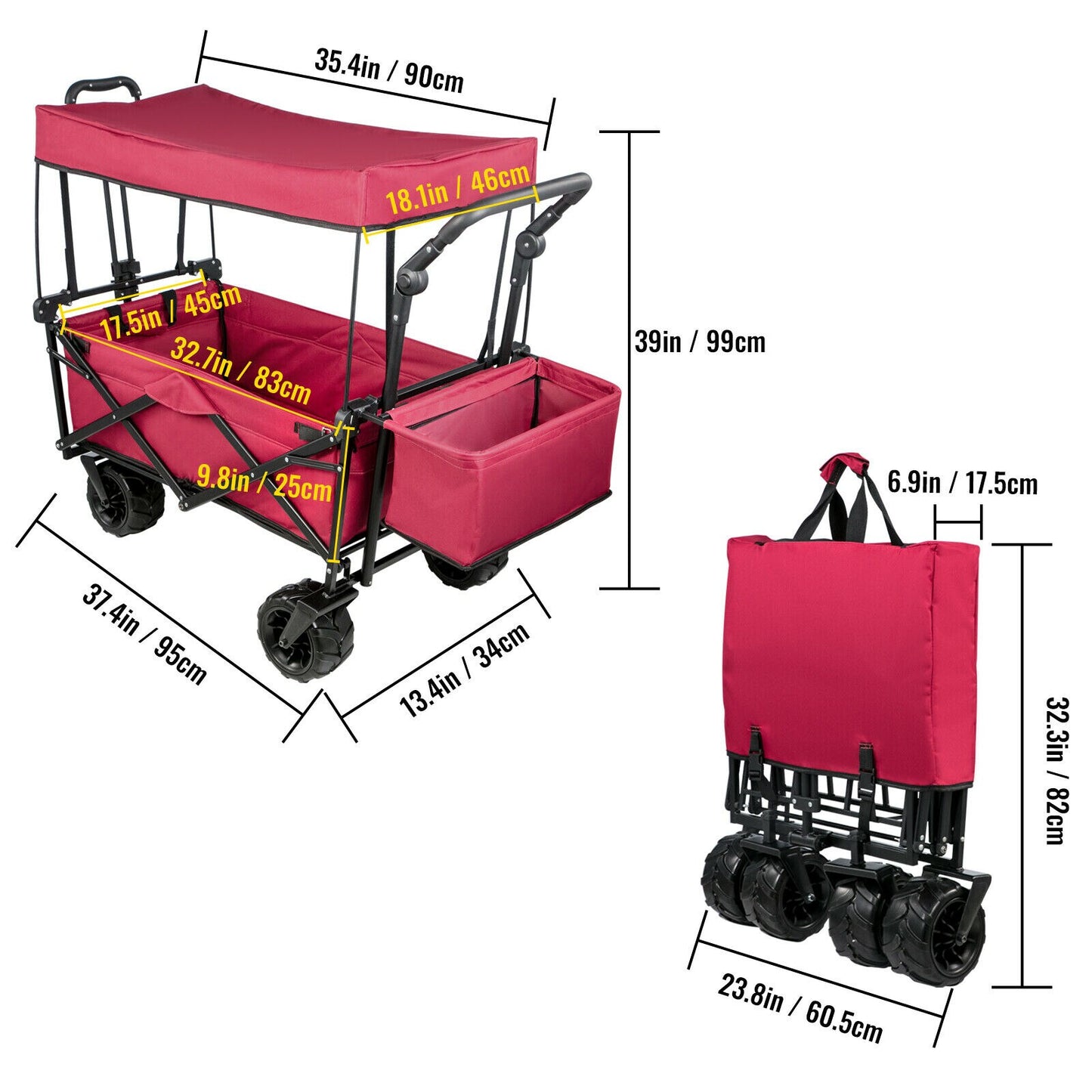 VEVOR 7In Wheel Folding Wagon Cart 220.5 Capacity W/ Adjustable Handle Pull Oxford Cloth Collapsible Outdoor Garden Trolley Cart