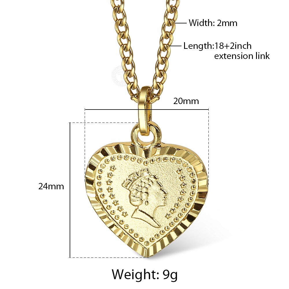 Gold Color Heart-Shaped Pendant Necklace for Women Girls Elizabeth Queen Charm Pendant Curb Chain Necklace Gifts 2mm DGP429