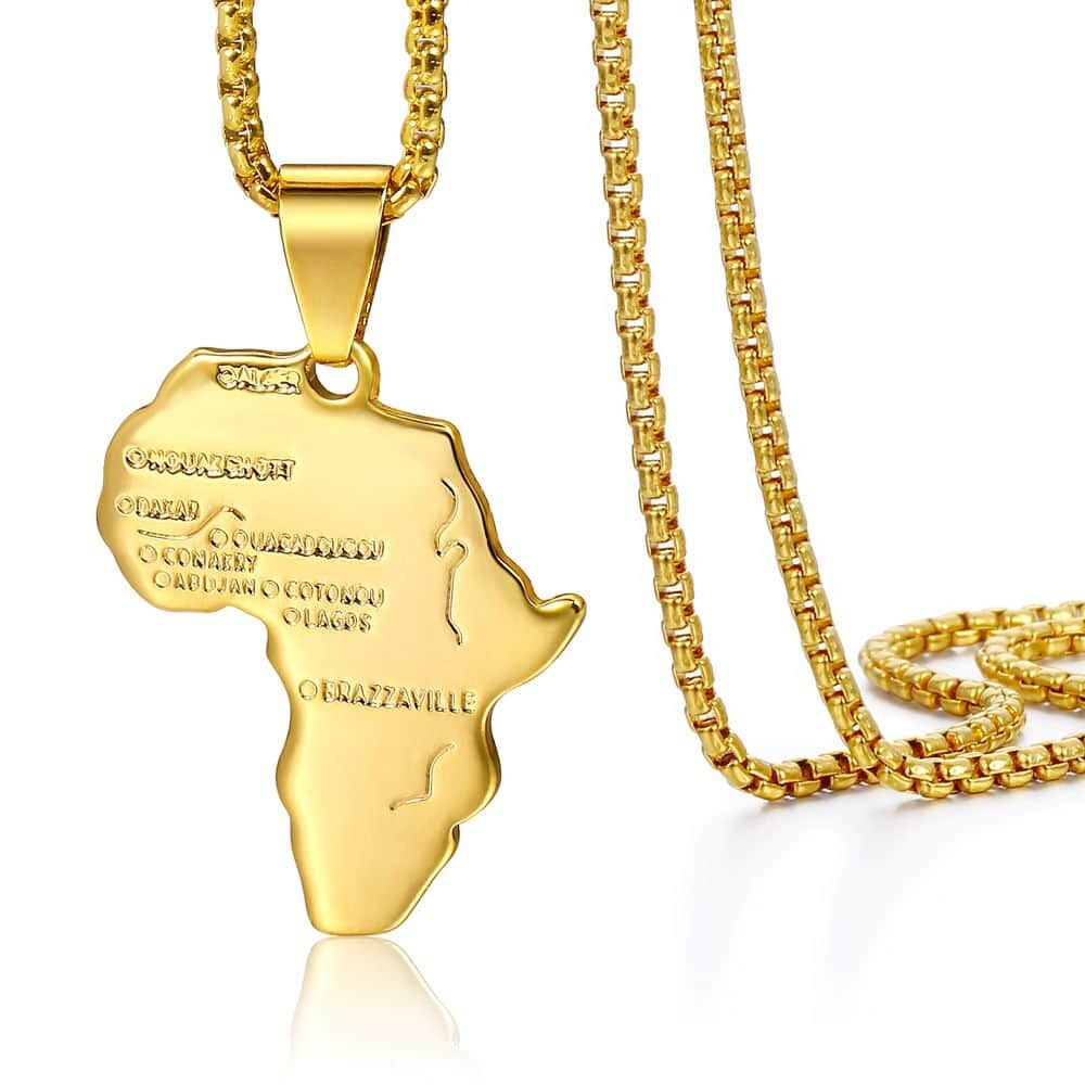 Gold Color Double Chains Africa Map Pendant for Men Women Stainless Steel Box Figaro Link Pendant Necklace Christmas Gift KN647A